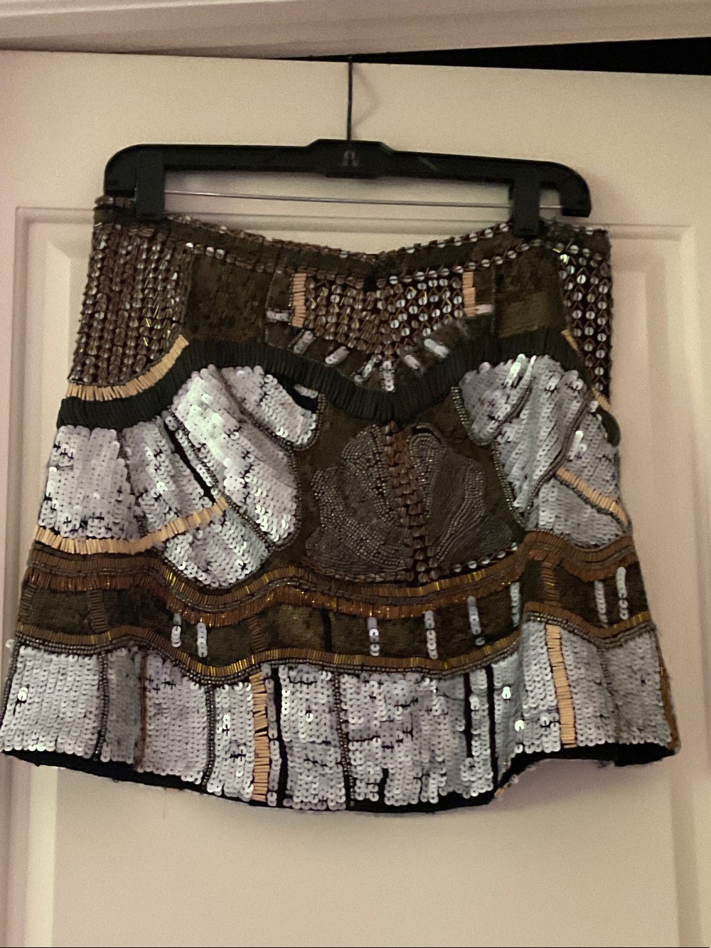 Boston Proper Olive & Silver Sequin Embellished Mini Skirt